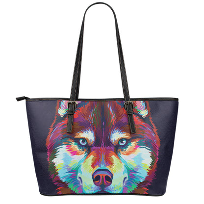Colorful Siberian Husky Print Leather Tote Bag