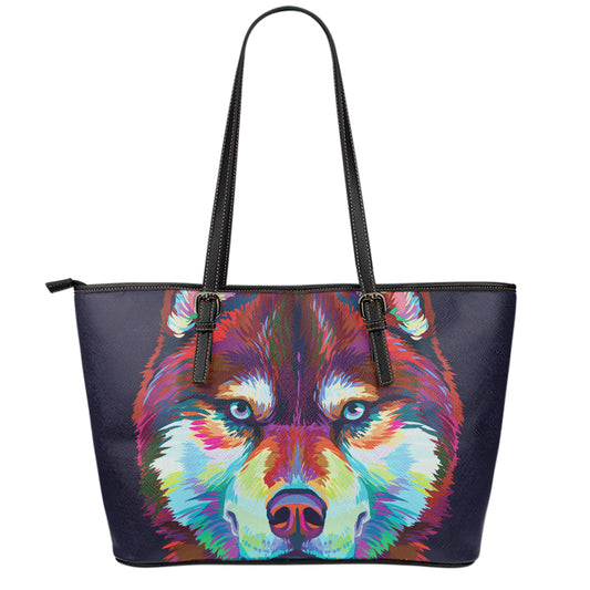 Colorful Siberian Husky Print Leather Tote Bag