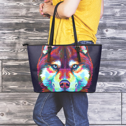 Colorful Siberian Husky Print Leather Tote Bag