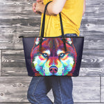 Colorful Siberian Husky Print Leather Tote Bag