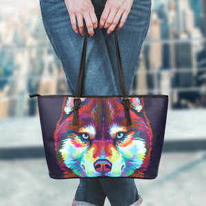 Colorful Siberian Husky Print Leather Tote Bag