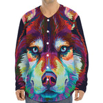 Colorful Siberian Husky Print Long Sleeve Baseball Jersey
