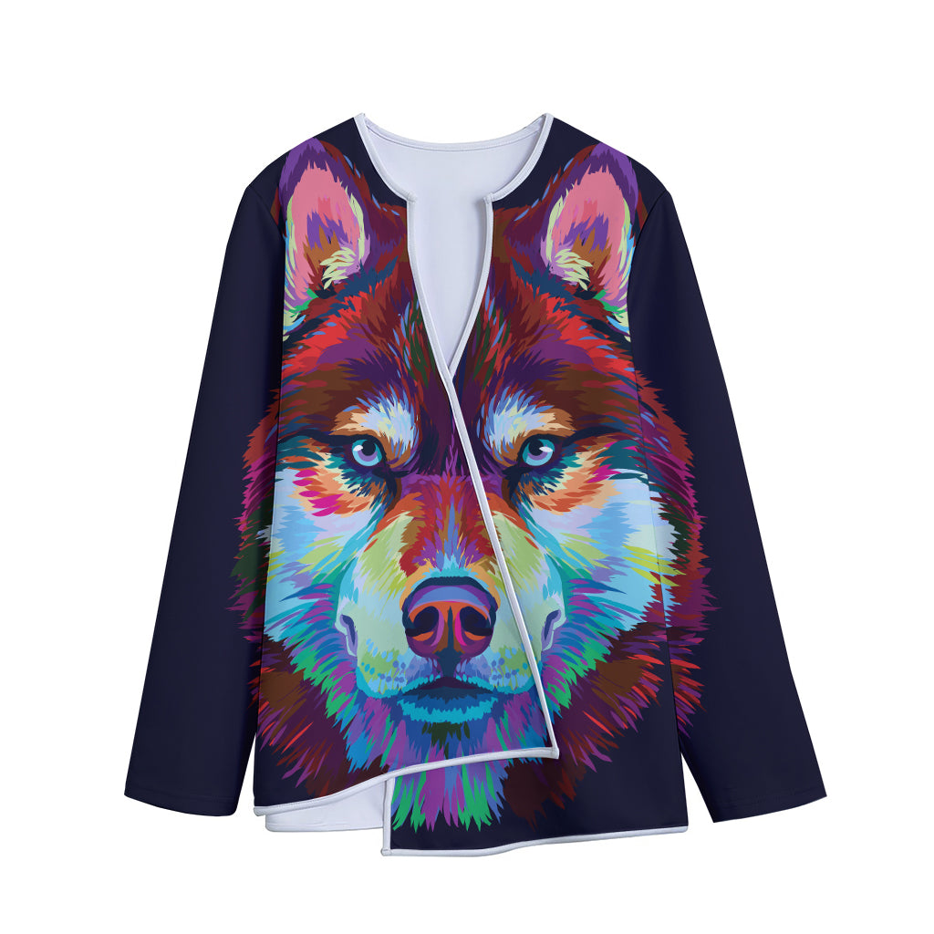 Colorful Siberian Husky Print Long Sleeve Short Coat