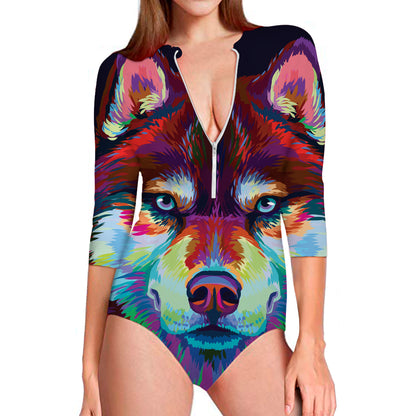 Colorful Siberian Husky Print Long Sleeve Swimsuit