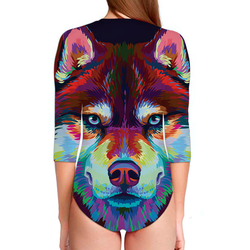 Colorful Siberian Husky Print Long Sleeve Swimsuit