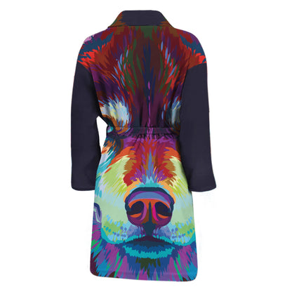 Colorful Siberian Husky Print Men's Bathrobe