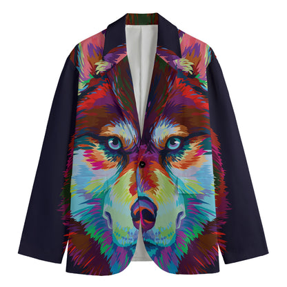 Colorful Siberian Husky Print Men's Blazer