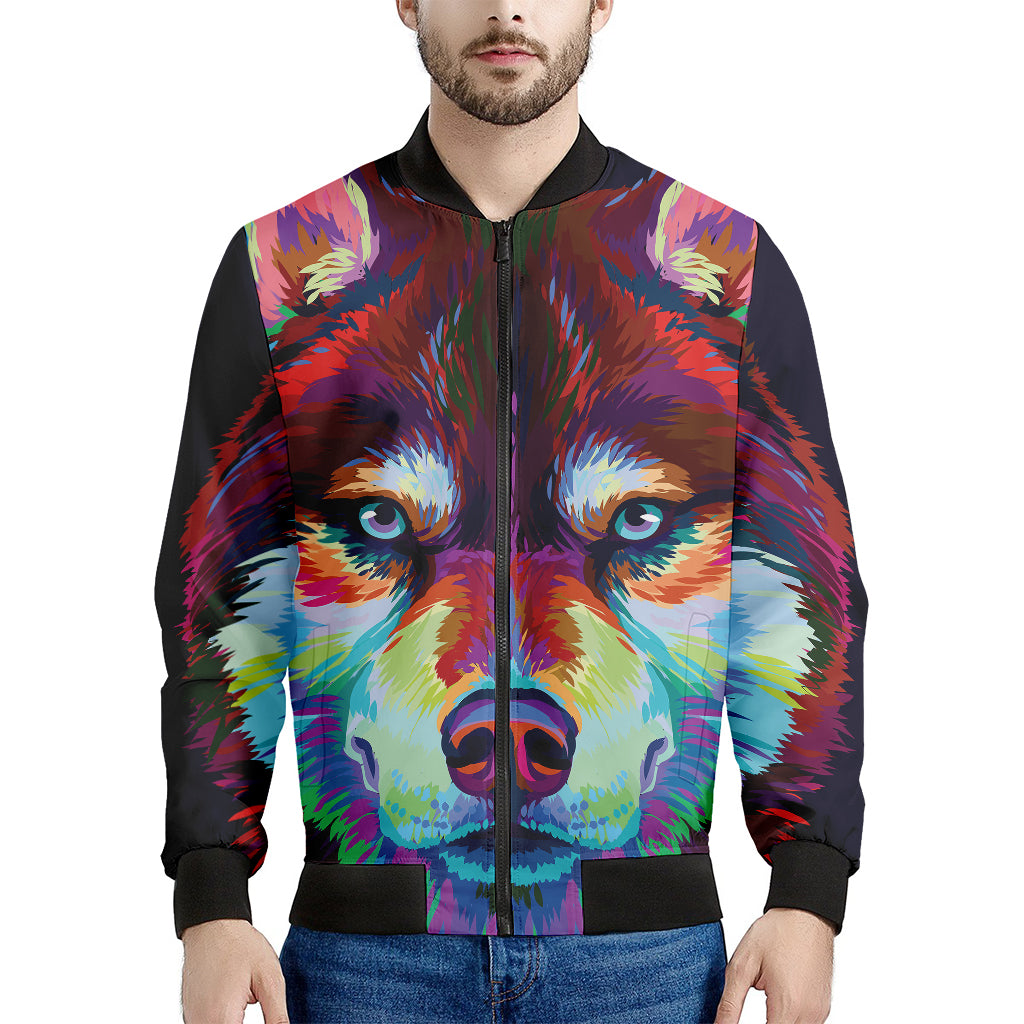 Colorful Siberian Husky Print Men's Bomber Jacket