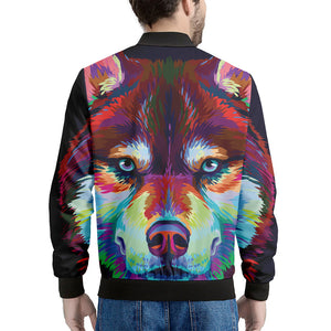 Colorful Siberian Husky Print Men's Bomber Jacket