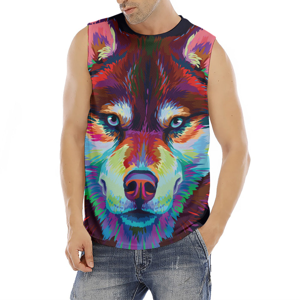 Colorful Siberian Husky Print Men's Fitness Tank Top