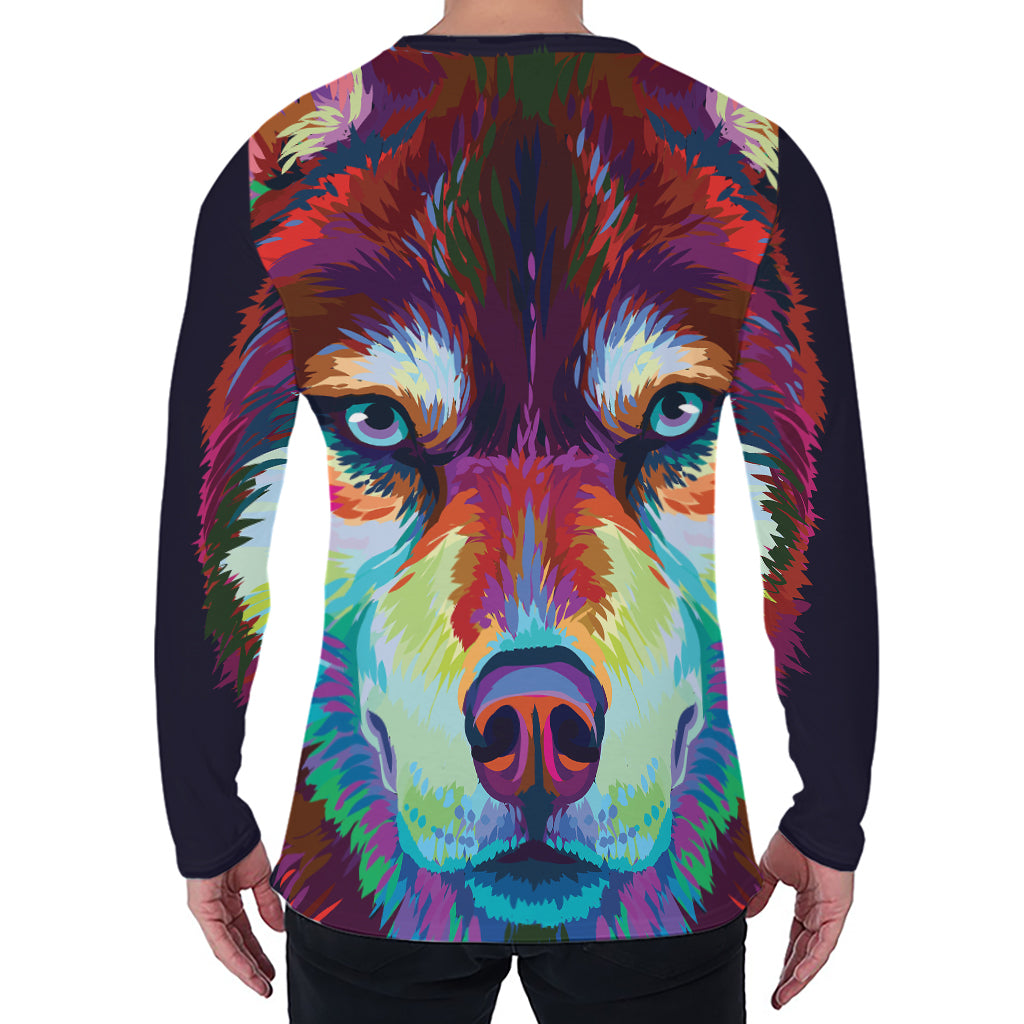 Colorful Siberian Husky Print Men's Long Sleeve T-Shirt
