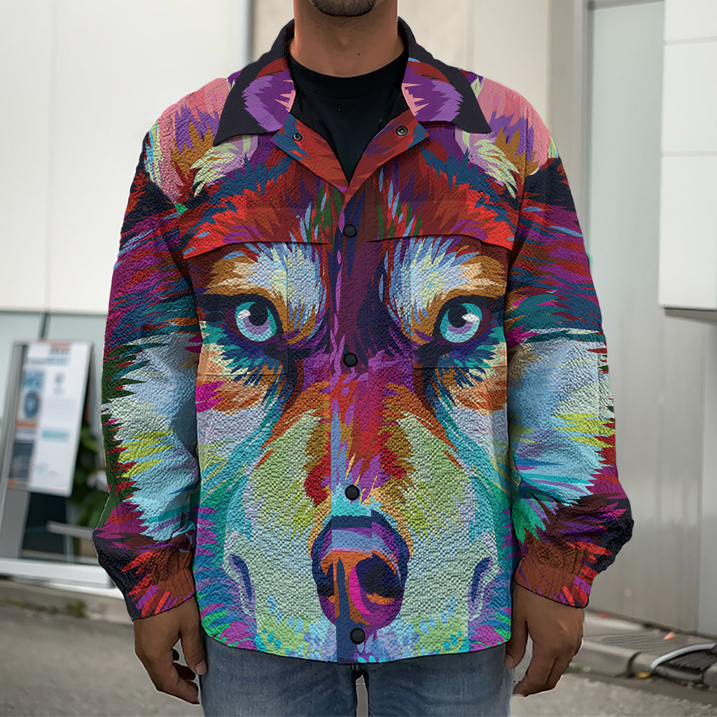 Colorful Siberian Husky Print Men's Shirt Jacket