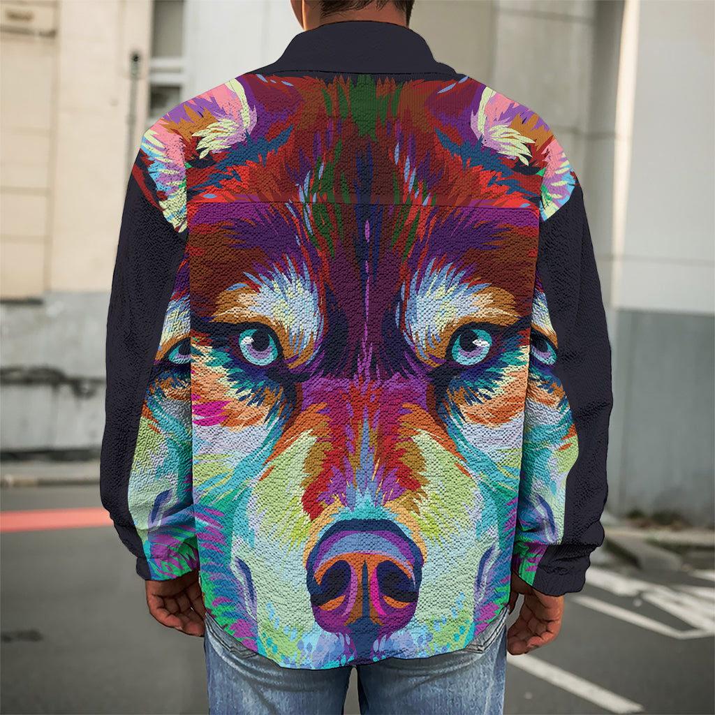 Colorful Siberian Husky Print Men's Shirt Jacket