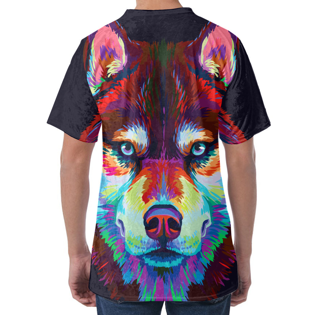 Colorful Siberian Husky Print Men's Velvet T-Shirt
