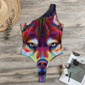 Colorful Siberian Husky Print One Shoulder Bodysuit