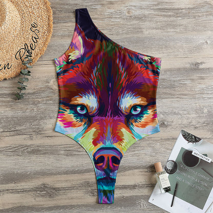 Colorful Siberian Husky Print One Shoulder Bodysuit