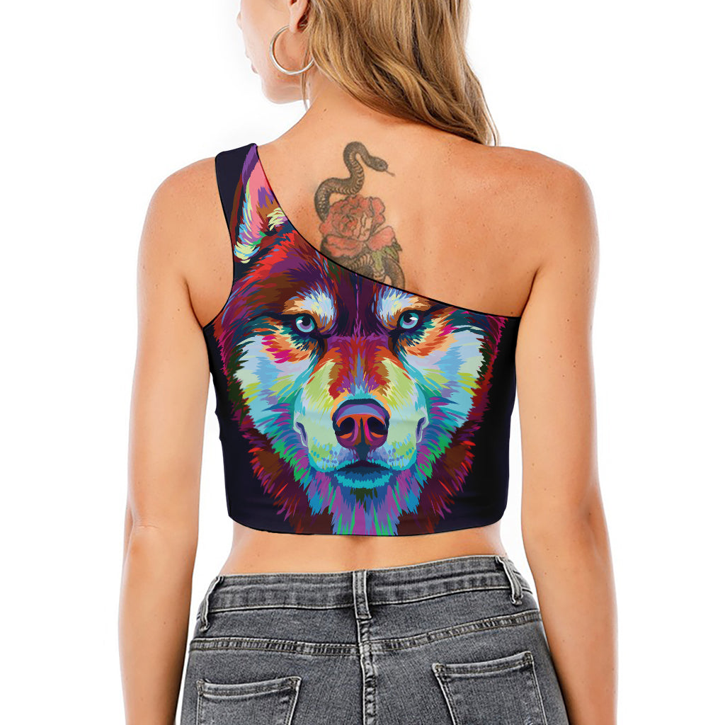 Colorful Siberian Husky Print One Shoulder Crop Top