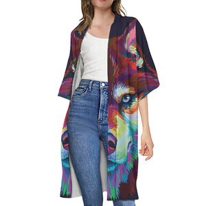 Colorful Siberian Husky Print Open Front Beach Cover Up