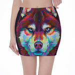 Colorful Siberian Husky Print Pencil Mini Skirt