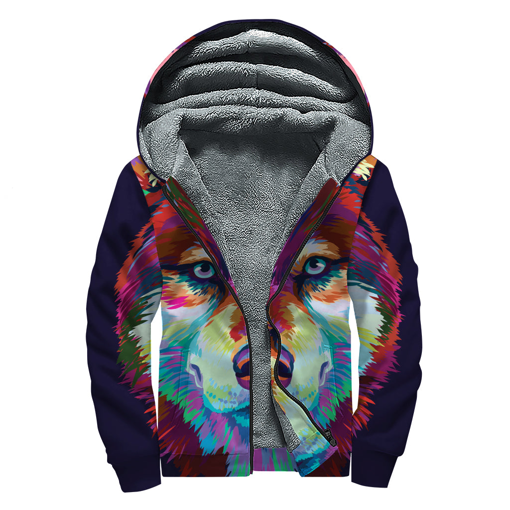 Colorful Siberian Husky Print Sherpa Lined Zip Up Hoodie