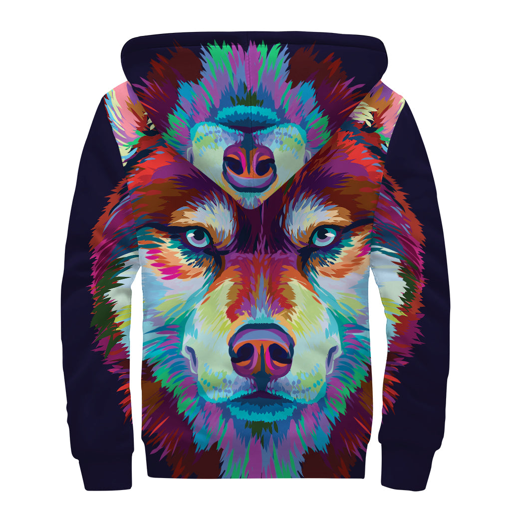 Colorful Siberian Husky Print Sherpa Lined Zip Up Hoodie