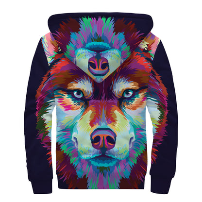 Colorful Siberian Husky Print Sherpa Lined Zip Up Hoodie