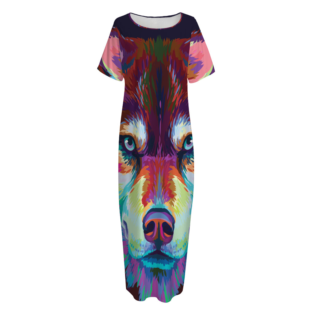 Colorful Siberian Husky Print Short Sleeve Long Nightdress