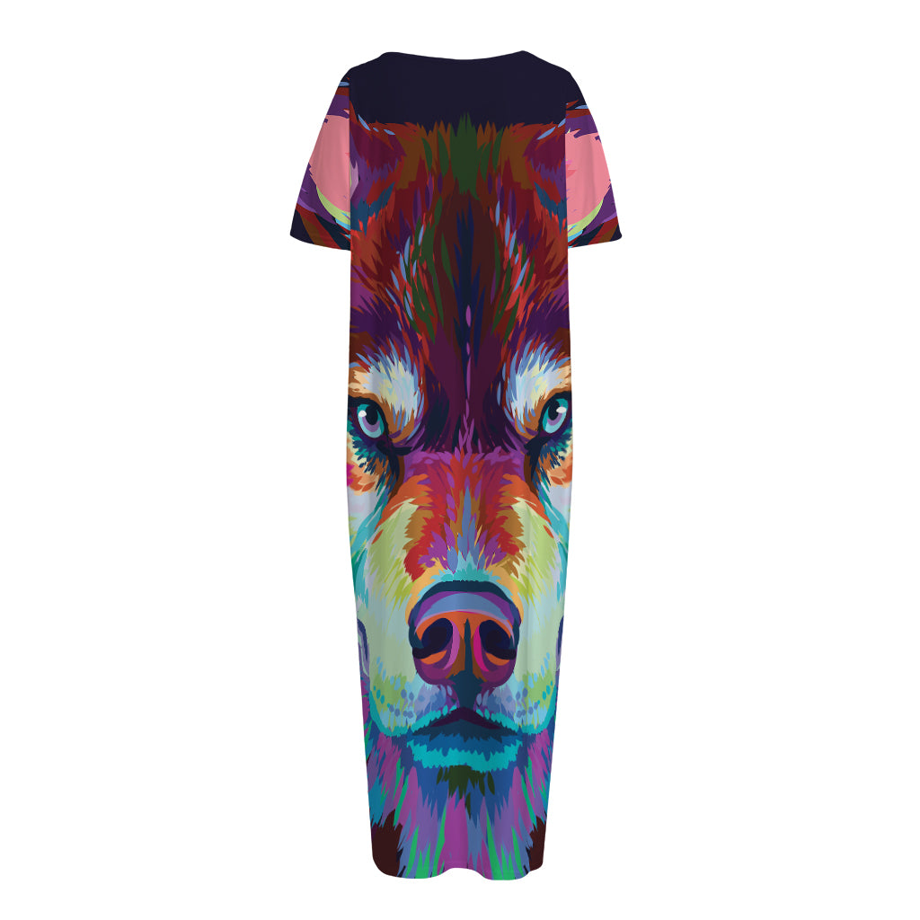 Colorful Siberian Husky Print Short Sleeve Long Nightdress