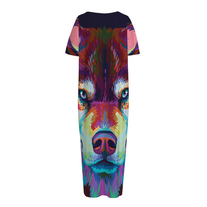 Colorful Siberian Husky Print Short Sleeve Long Nightdress