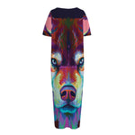 Colorful Siberian Husky Print Short Sleeve Long Nightdress