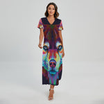 Colorful Siberian Husky Print Short Sleeve Maxi Dress