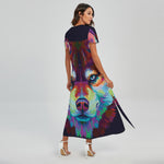 Colorful Siberian Husky Print Short Sleeve Maxi Dress