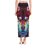 Colorful Siberian Husky Print Side Slit Maxi Skirt