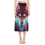 Colorful Siberian Husky Print Side Slit Midi Skirt