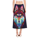 Colorful Siberian Husky Print Side Slit Midi Skirt