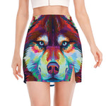 Colorful Siberian Husky Print Side Slit Mini Skirt