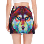 Colorful Siberian Husky Print Side Slit Mini Skirt