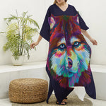 Colorful Siberian Husky Print Silk V-Neck Kaftan Dress