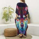 Colorful Siberian Husky Print Silk V-Neck Kaftan Dress