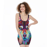 Colorful Siberian Husky Print Sleeveless Bodycon Dress