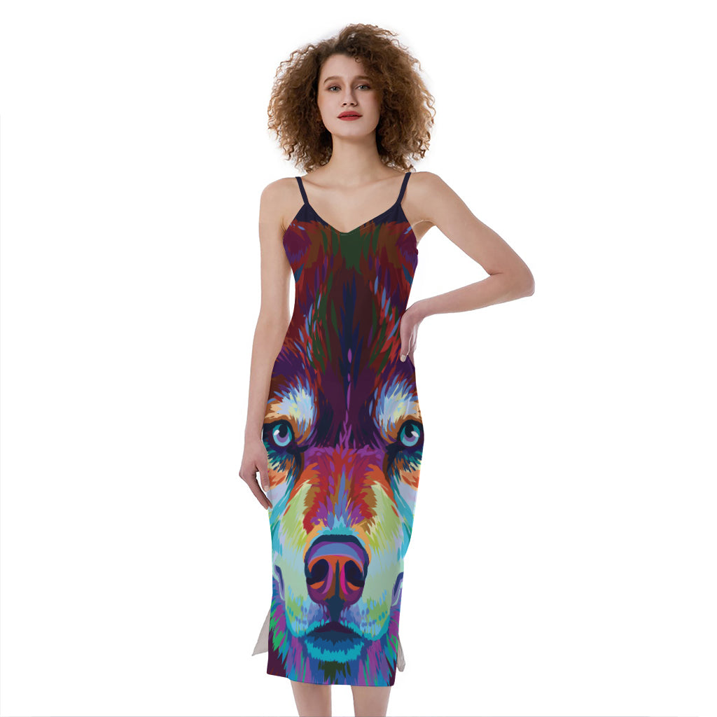 Colorful Siberian Husky Print Slim Fit Midi Cami Dress