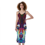 Colorful Siberian Husky Print Slim Fit Midi Cami Dress