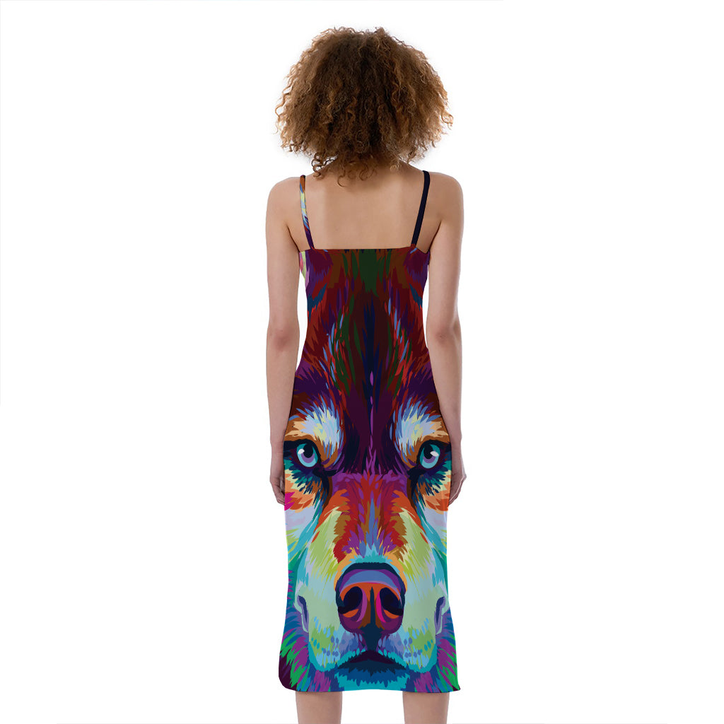 Colorful Siberian Husky Print Slim Fit Midi Cami Dress