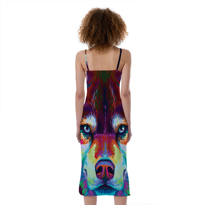 Colorful Siberian Husky Print Slim Fit Midi Cami Dress