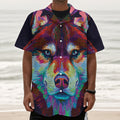 Colorful Siberian Husky Print Textured Short Sleeve Shirt