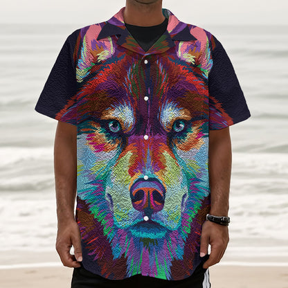 Colorful Siberian Husky Print Textured Short Sleeve Shirt