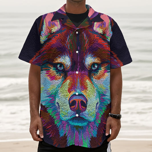 Colorful Siberian Husky Print Textured Short Sleeve Shirt