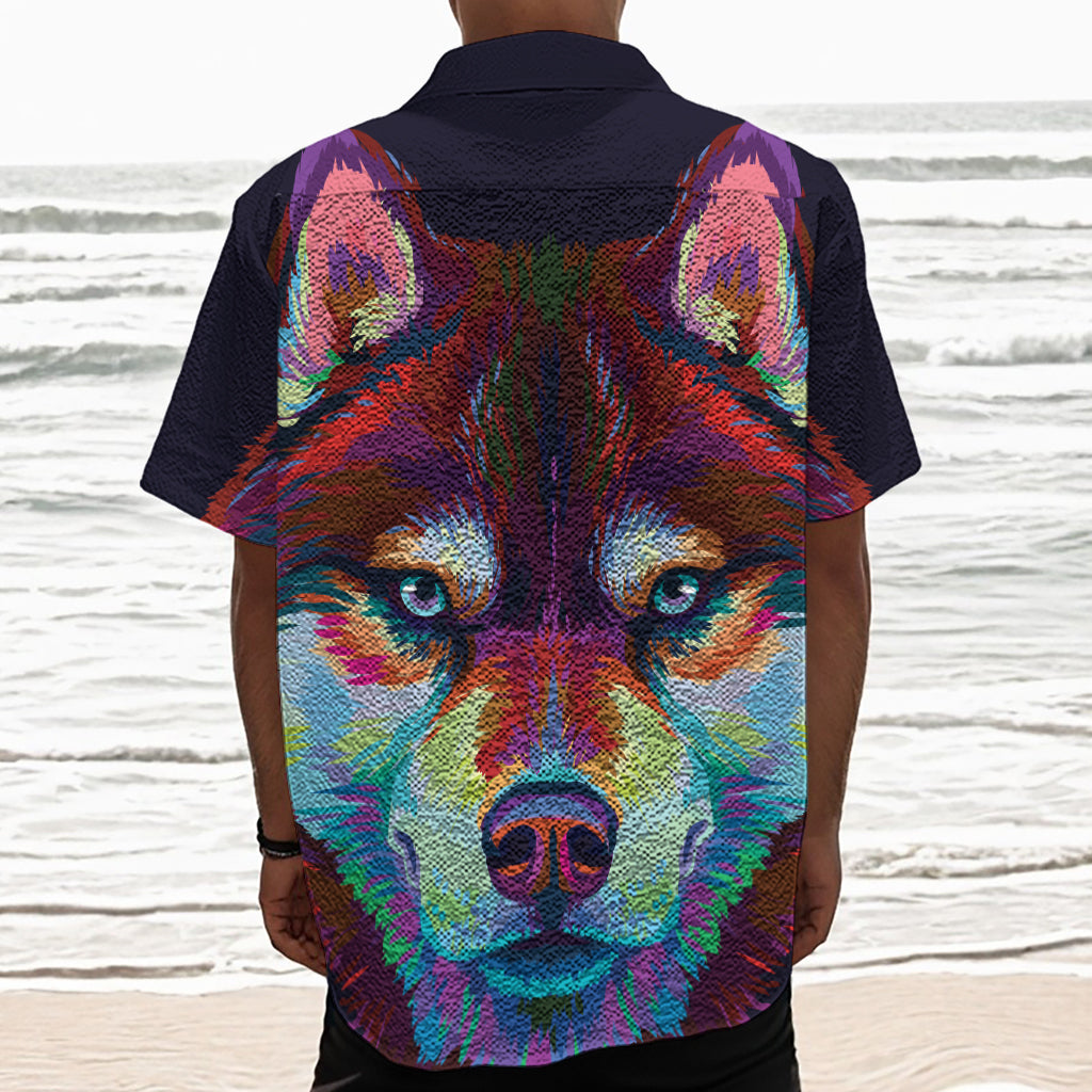 Colorful Siberian Husky Print Textured Short Sleeve Shirt