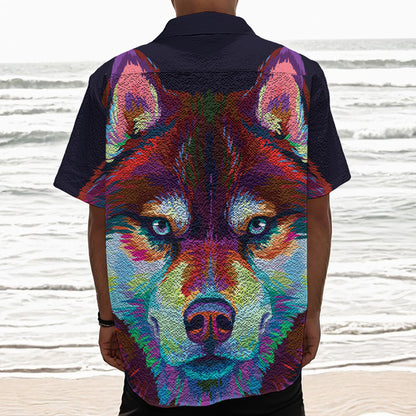 Colorful Siberian Husky Print Textured Short Sleeve Shirt