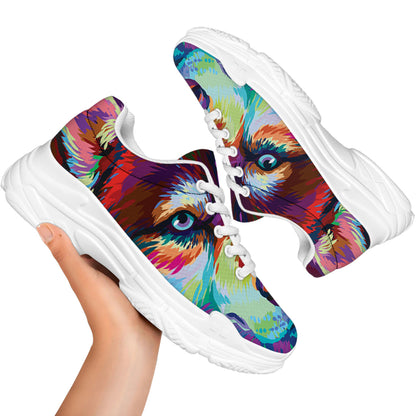 Colorful Siberian Husky Print White Chunky Shoes